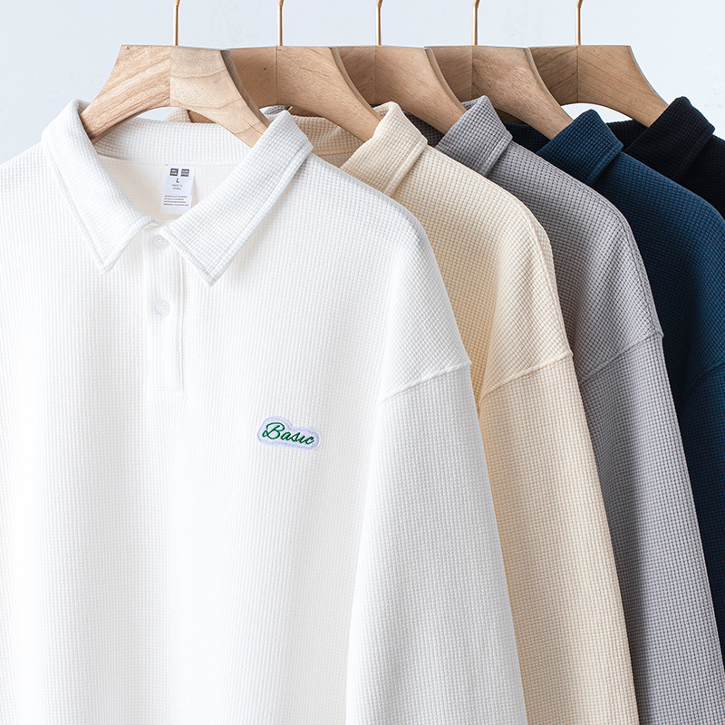 etqfire Muški polo s dugim rukavima od waffle tkanine, japanski retro stil, vezenje, mješavina pamuka