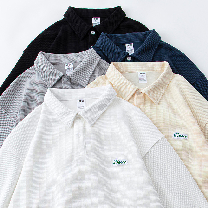etqfire Muški polo s dugim rukavima od waffle tkanine, japanski retro stil, vezenje, mješavina pamuka