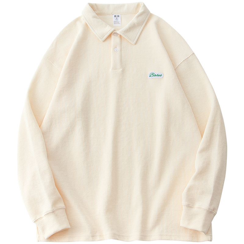 etqfire Muški polo s dugim rukavima od waffle tkanine, japanski retro stil, vezenje, mješavina pamuka