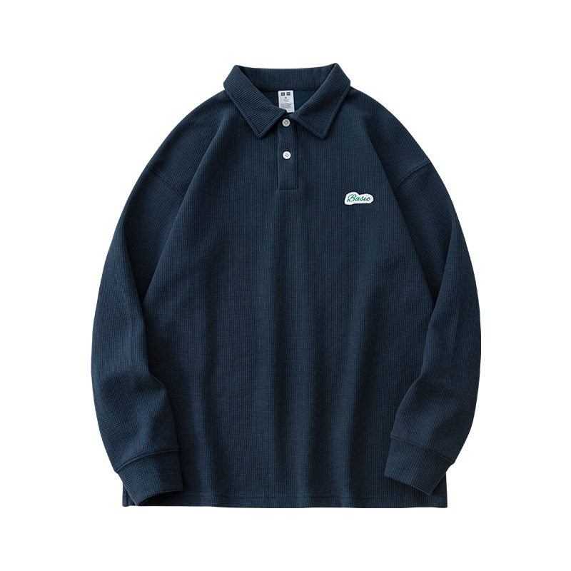 etqfire Muški polo s dugim rukavima od waffle tkanine, japanski retro stil, vezenje, mješavina pamuka