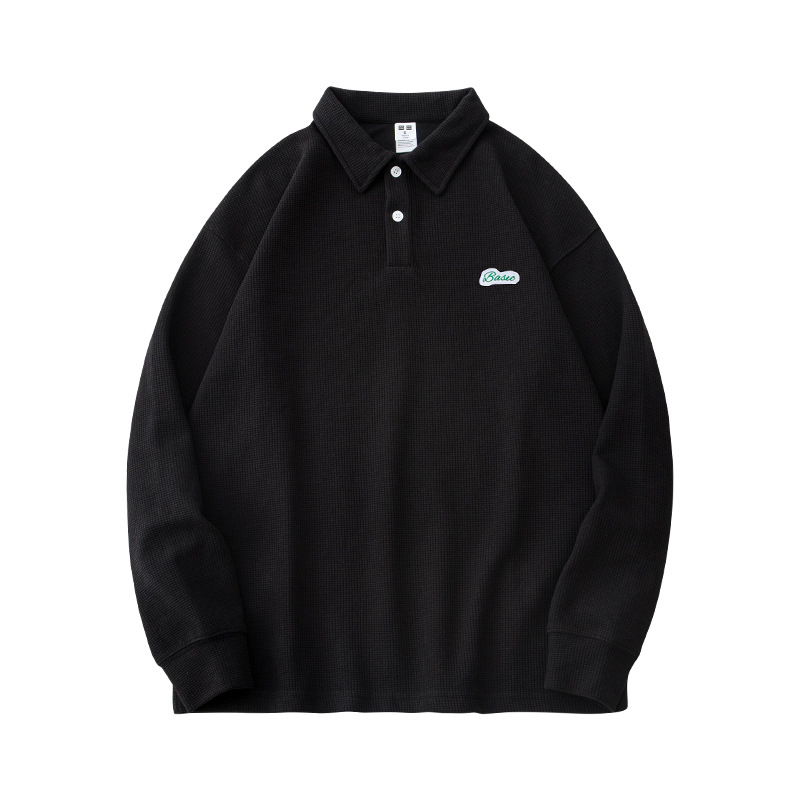 etqfire Muški polo s dugim rukavima od waffle tkanine, japanski retro stil, vezenje, mješavina pamuka