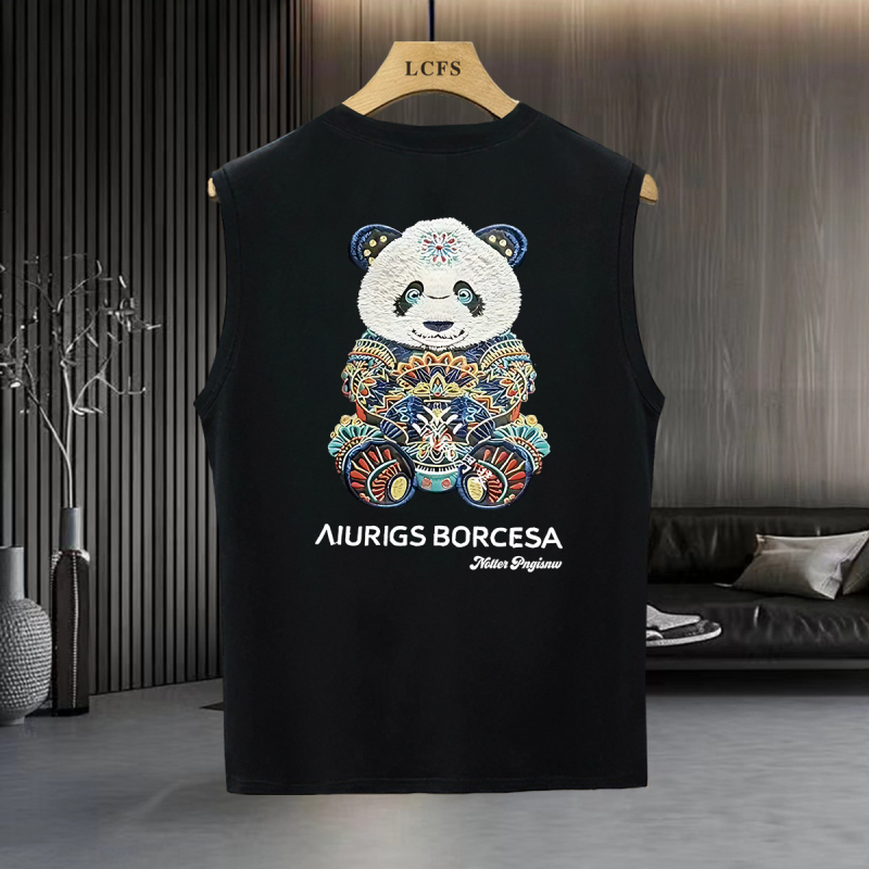 Férfi ujjatlan póló panda nyomással, laza szabás, nyár 2025, sokoldalú viselésre
