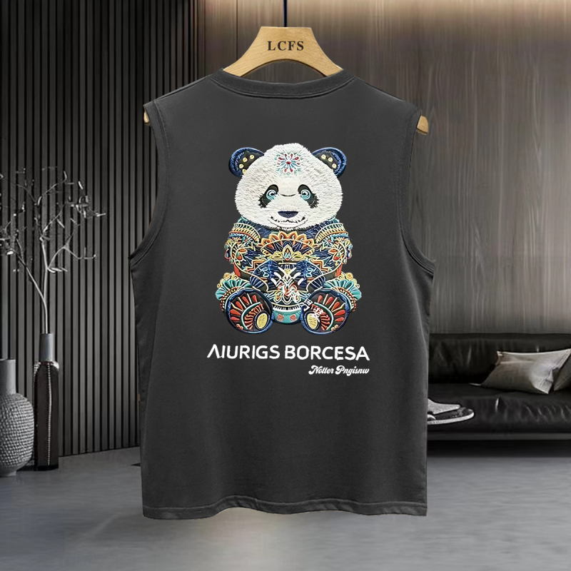 Férfi ujjatlan póló panda nyomással, laza szabás, nyár 2025, sokoldalú viselésre