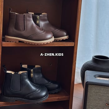 Dječje kožne čizme u korejskom stilu, jesensko-zimske, unisex, niske čizme s bočnim zatvaračem, podstavljene fleece, Martin čizme
