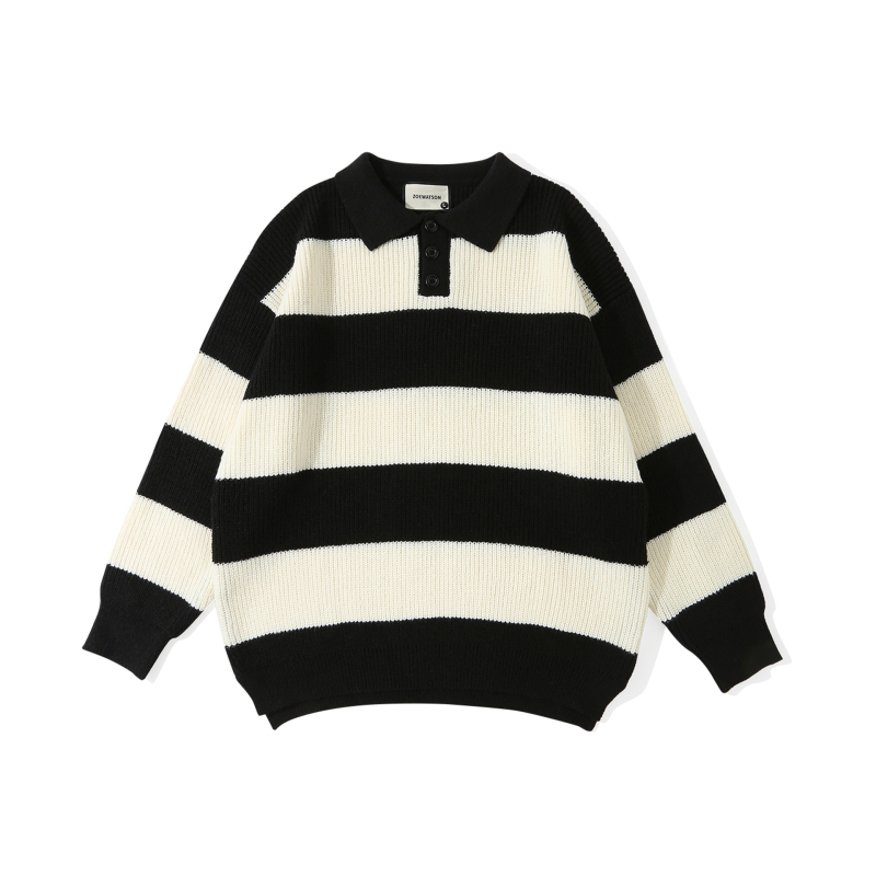 Férfi bordázott kötött polo dzseki gallérral és csíkos mintával, lazább szabás, ősz-tél