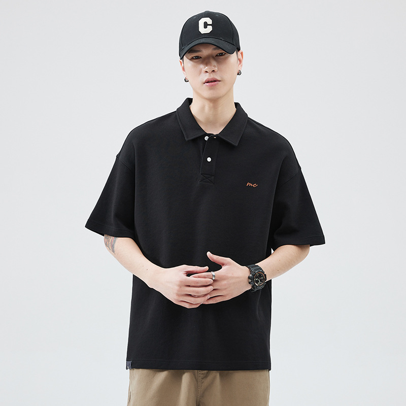 Amerikai retro férfi polo póló, nehéz anyag, rövid ujjú, laza szabás, gallér, nyárra