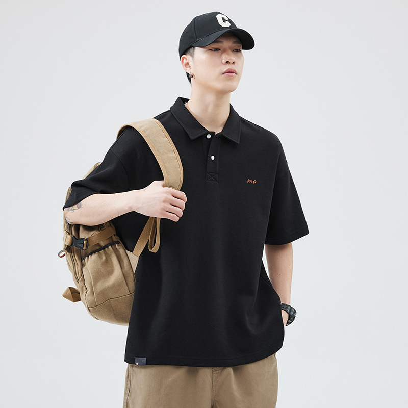 Amerikai retro férfi polo póló, nehéz anyag, rövid ujjú, laza szabás, gallér, nyárra