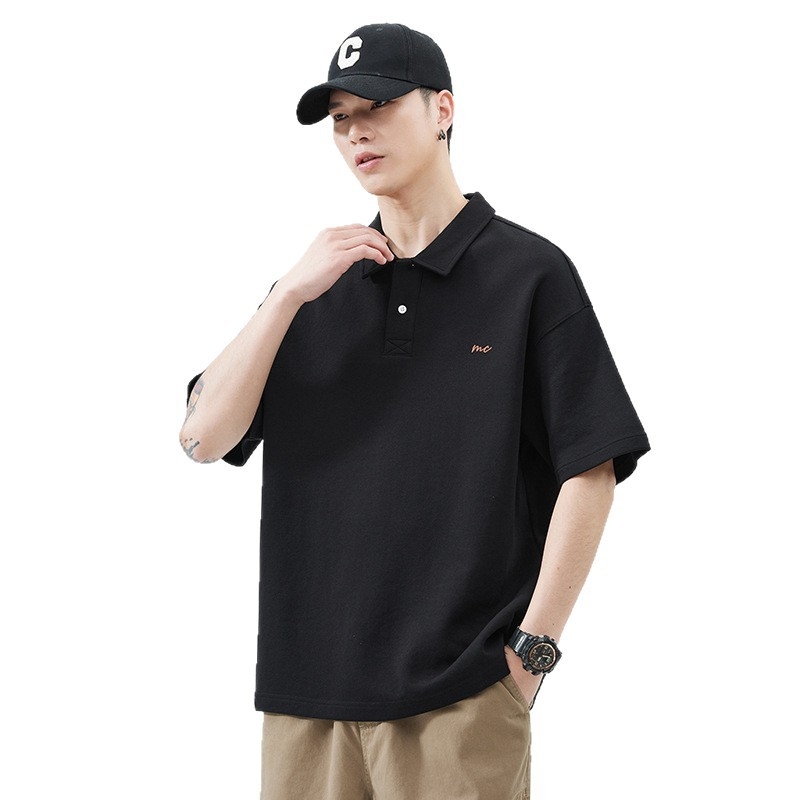 Amerikai retro férfi polo póló, nehéz anyag, rövid ujjú, laza szabás, gallér, nyárra