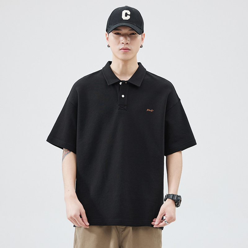 Amerikai retro férfi polo póló, nehéz anyag, rövid ujjú, laza szabás, gallér, nyárra