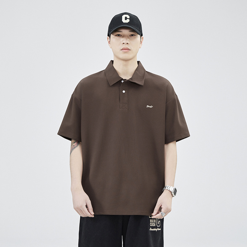 Amerikai retro férfi polo póló, nehéz anyag, rövid ujjú, laza szabás, gallér, nyárra