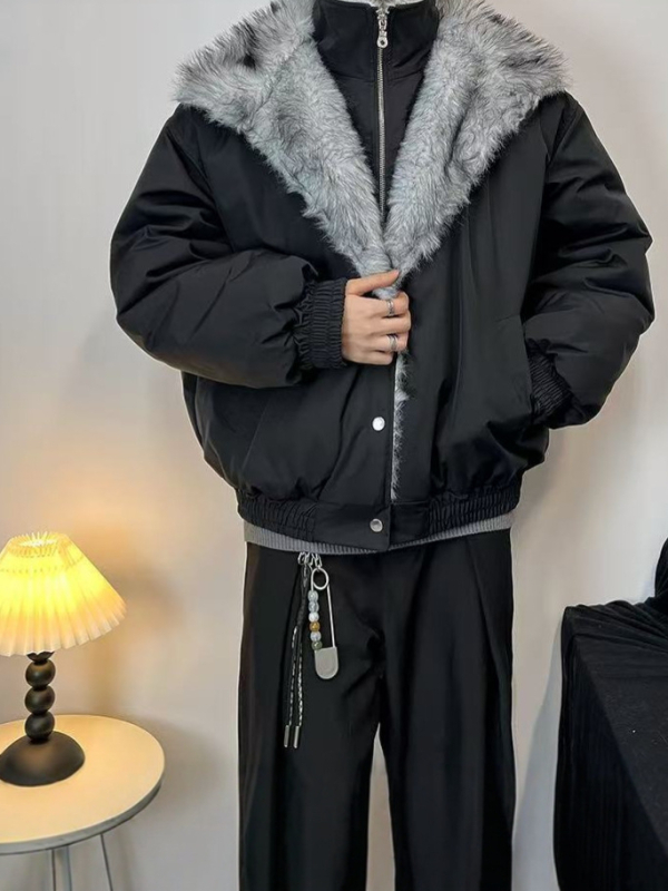 Férfi téli vastag poliészter dzseki fleece béléssel, áll-álló gallér és dupla velúr gallér, cipzáros elülső zsebbel