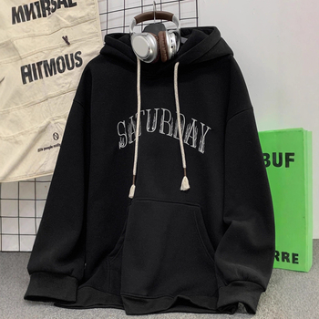 Američki stil hooded sweatshirt za muškarce, teški i čvrsti, s flis podstavom, opušten kroj, tisk slova, za jesen i zimu