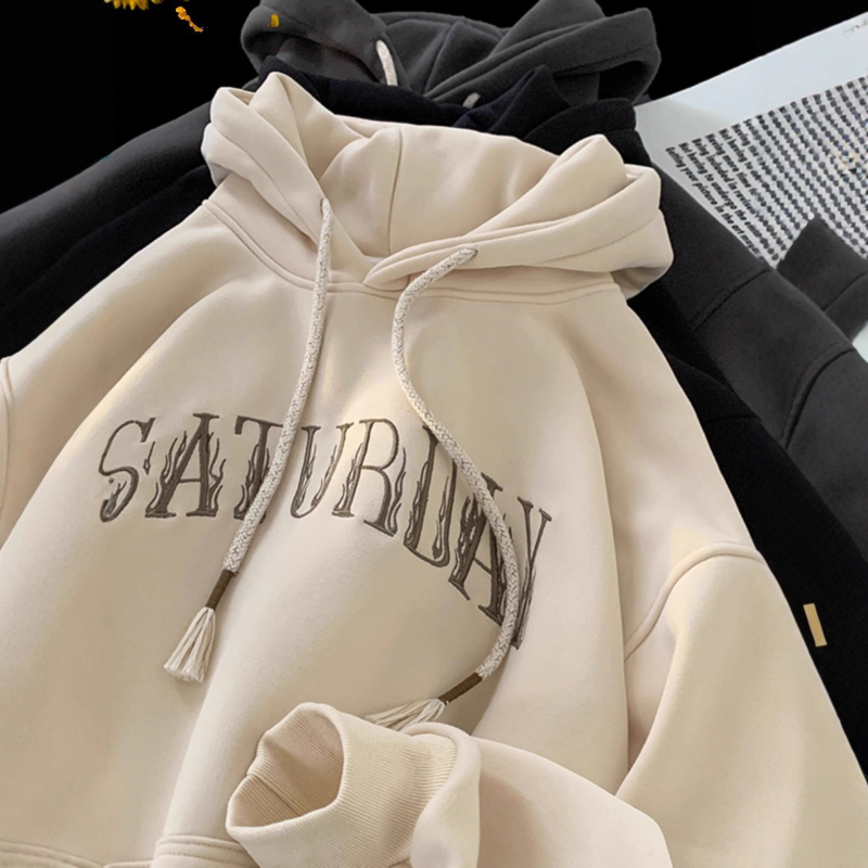 Američki stil hooded sweatshirt za muškarce, teški i čvrsti, s flis podstavom, opušten kroj, tisk slova, za jesen i zimu
