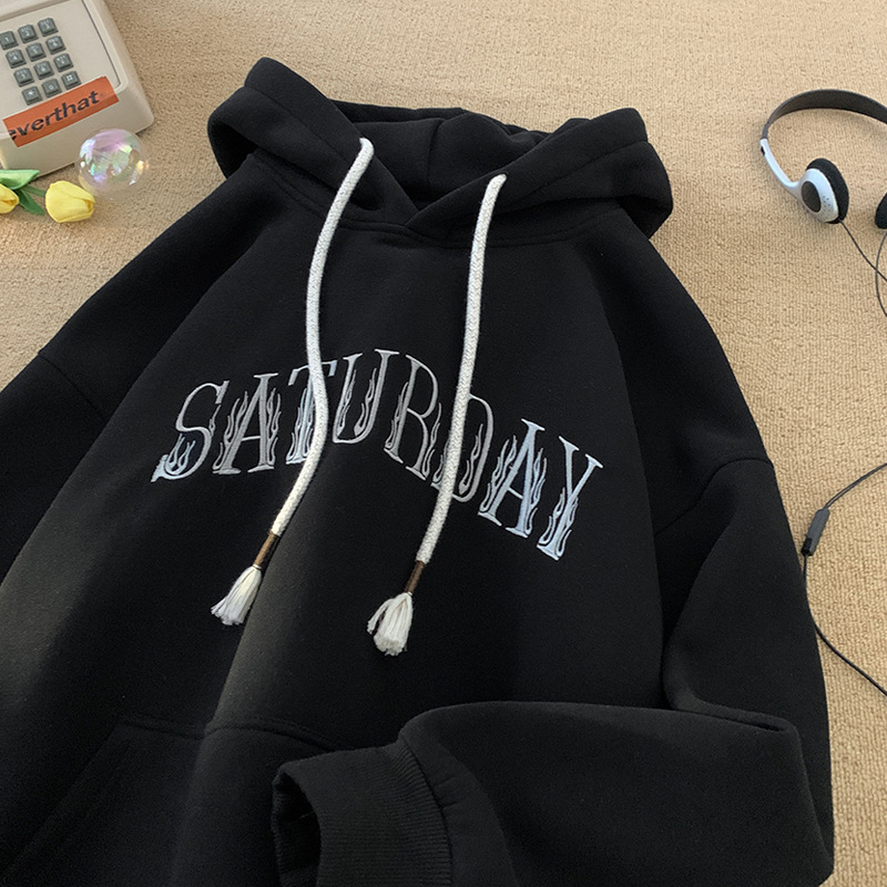 Američki stil hooded sweatshirt za muškarce, teški i čvrsti, s flis podstavom, opušten kroj, tisk slova, za jesen i zimu