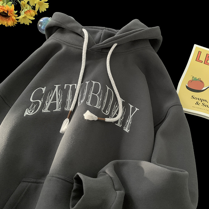 Američki stil hooded sweatshirt za muškarce, teški i čvrsti, s flis podstavom, opušten kroj, tisk slova, za jesen i zimu