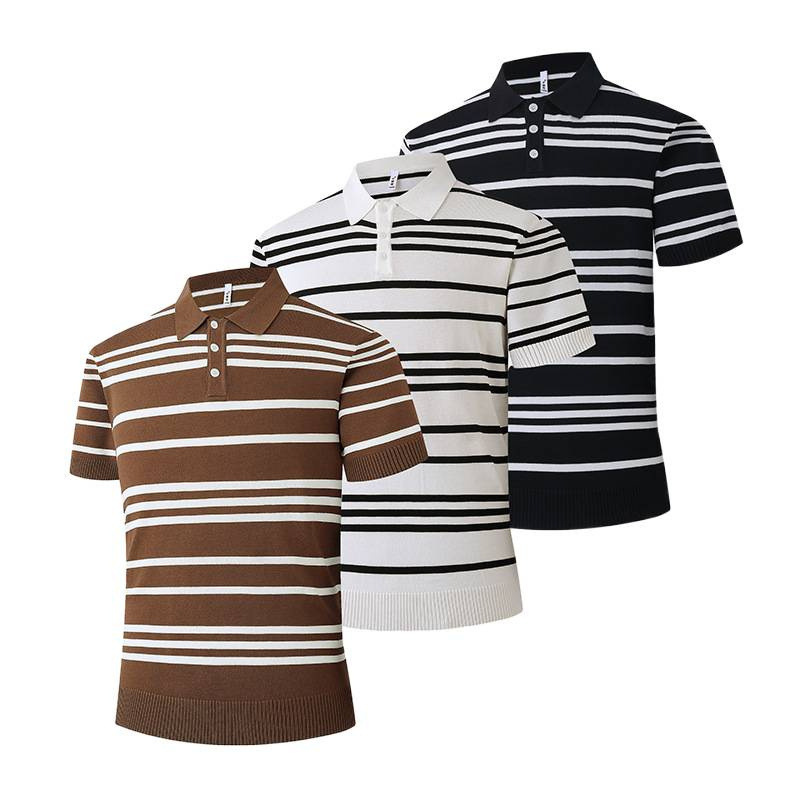Ljetno muško poslovno pleteni polo s prugama, kratki rukavi, Ice Silk