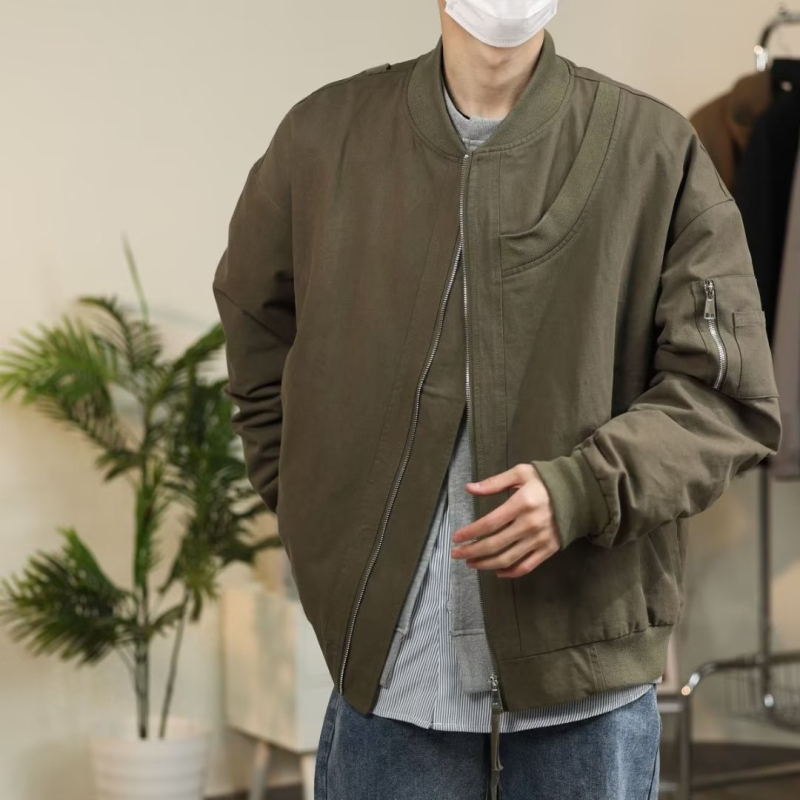 Férfi bomberdzseki tavasszal–őszre, japán retro utcai stílus, lazább szabás, cipzáros, álló gallér, hosszú ujjú, pamut-poliészter keverék