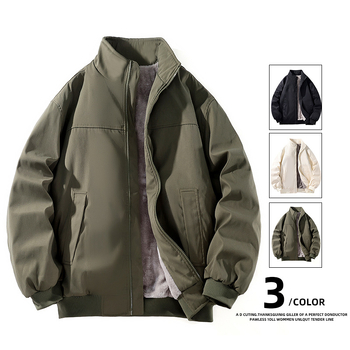 Férfi fleece-béléssel, vastag álló galléros dzseki – téli meleg, laza, minimalist stílusú, univerzális külső ruházat