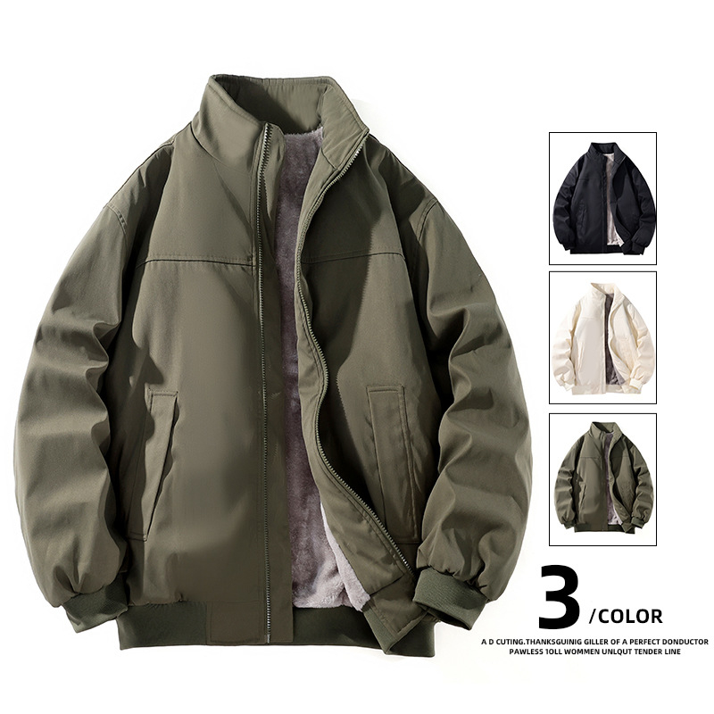 Férfi fleece-béléssel, vastag álló galléros dzseki – téli meleg, laza, minimalist stílusú, univerzális külső ruházat