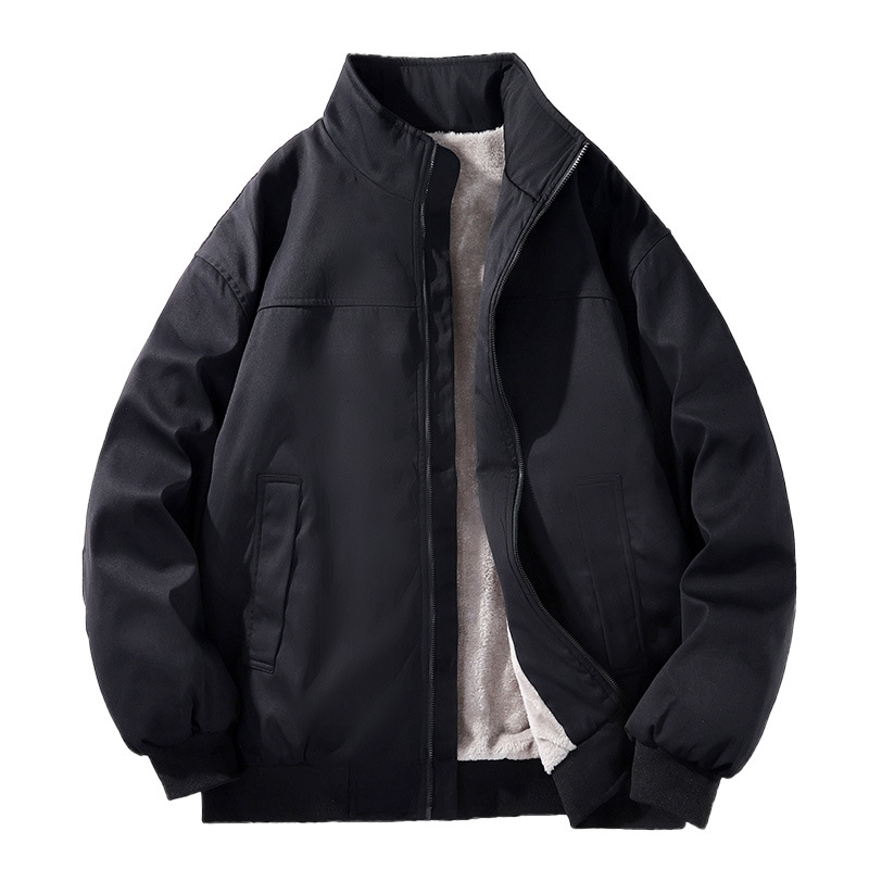Férfi fleece-béléssel, vastag álló galléros dzseki – téli meleg, laza, minimalist stílusú, univerzális külső ruházat