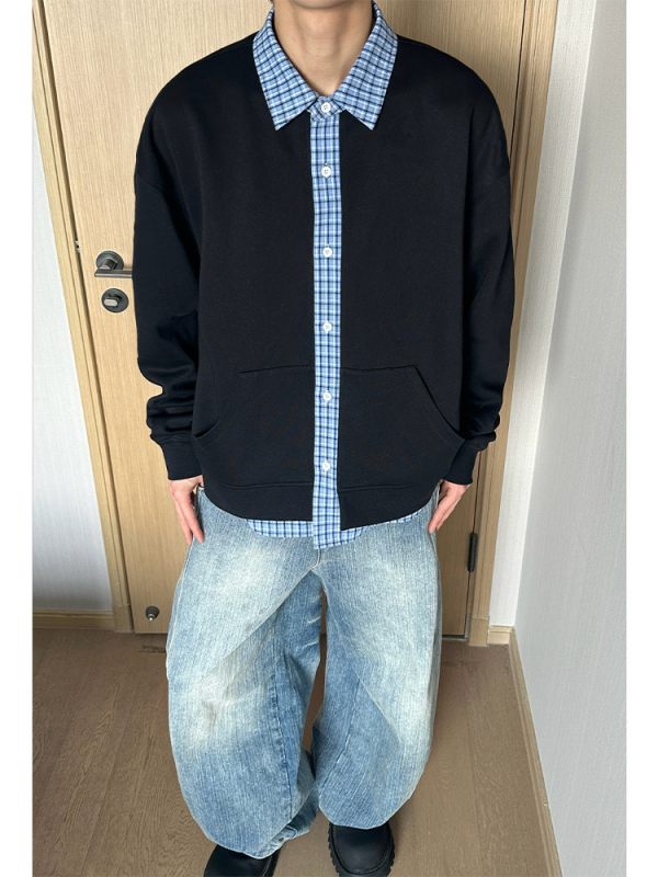 Férfiaknak szóló, amerikai retro patchwork kockás kardigán-sweatshirt, őszi 2026, lazán szabott