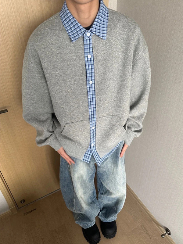 Férfiaknak szóló, amerikai retro patchwork kockás kardigán-sweatshirt, őszi 2026, lazán szabott