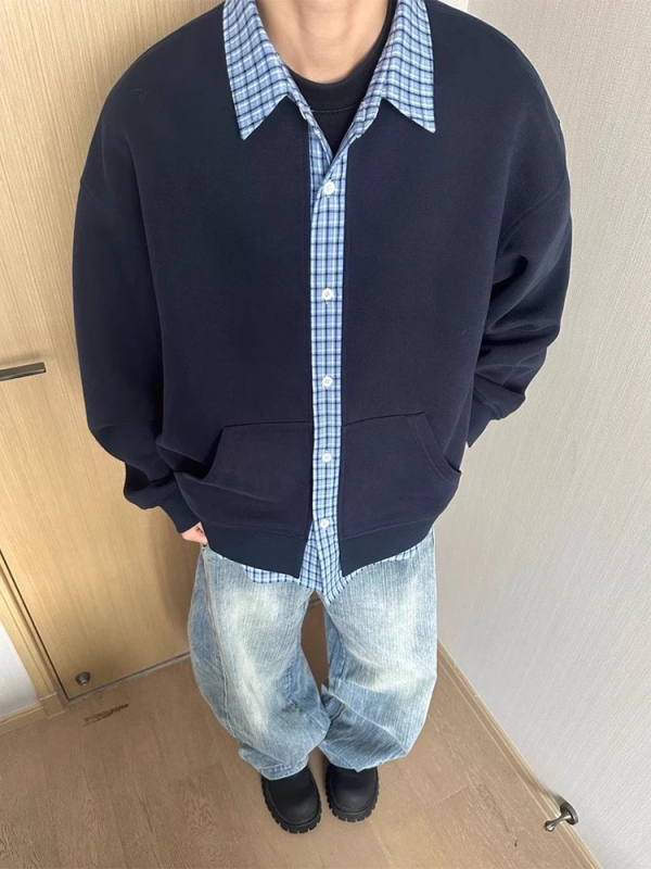 Férfiaknak szóló, amerikai retro patchwork kockás kardigán-sweatshirt, őszi 2026, lazán szabott