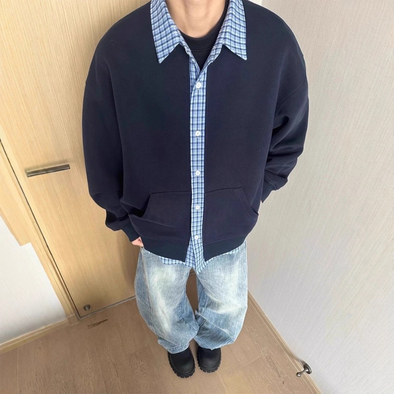 Férfiaknak szóló, amerikai retro patchwork kockás kardigán-sweatshirt, őszi 2026, lazán szabott