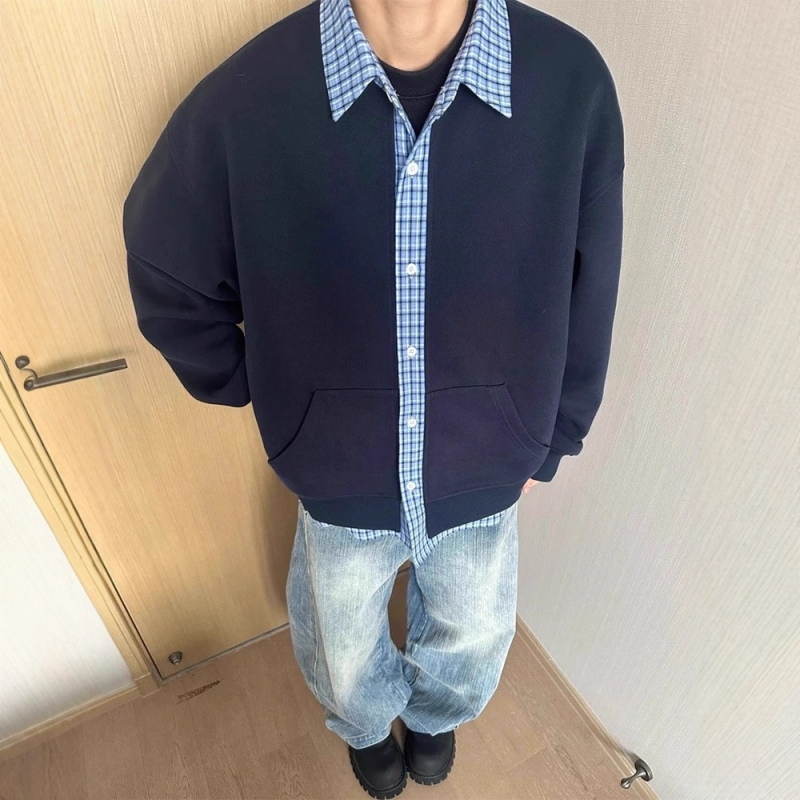 Férfiaknak szóló, amerikai retro patchwork kockás kardigán-sweatshirt, őszi 2026, lazán szabott