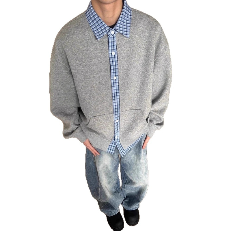 Férfiaknak szóló, amerikai retro patchwork kockás kardigán-sweatshirt, őszi 2026, lazán szabott