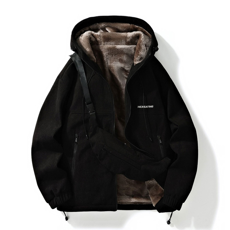 Férfi kordbársony kapucnis dzseki, vastag fleece-bélés, laza szabás, nyomtatott téli kabát