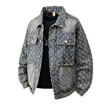 Férfi Jacquard denim dzseki, lazán szabott, amerikai street style, tavasz–ősz dizájn, 2025.