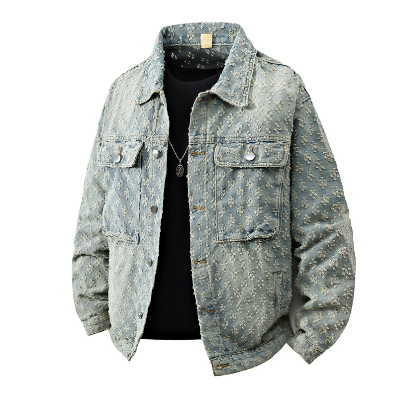 Férfi Jacquard denim dzseki, lazán szabott, amerikai street style, tavasz–ősz dizájn, 2025.