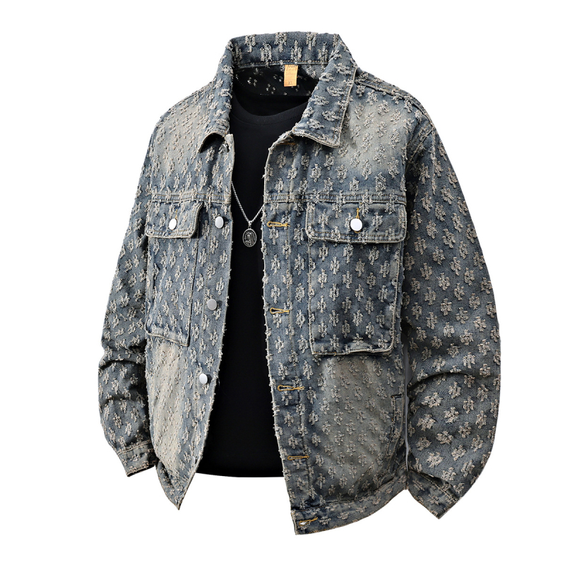 Férfi Jacquard denim dzseki, lazán szabott, amerikai street style, tavasz–ősz dizájn, 2025.