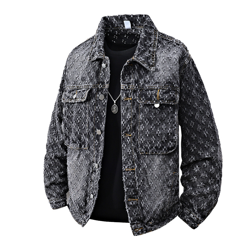 Férfi Jacquard denim dzseki, lazán szabott, amerikai street style, tavasz–ősz dizájn, 2025.