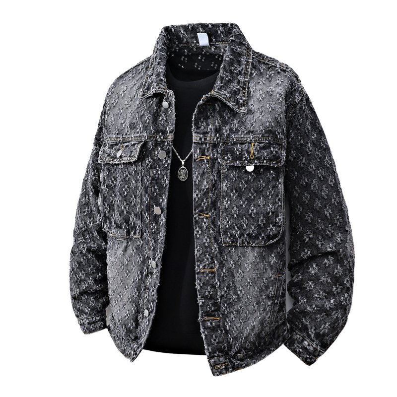 Férfi Jacquard denim dzseki, lazán szabott, amerikai street style, tavasz–ősz dizájn, 2025.