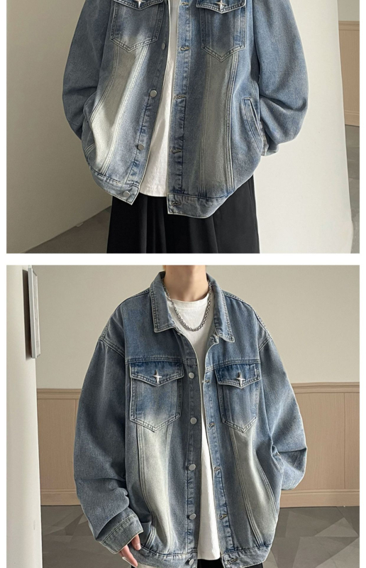 Férfi denim dzseki tavasz–ősz 2023, amerikai streetwear, retro munkásdzseki, laza szabás, baseball stílus