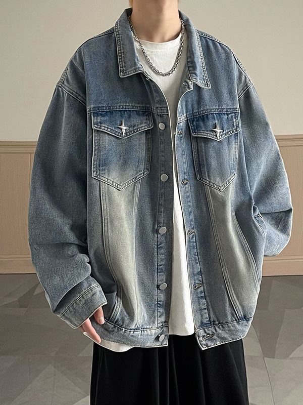 Férfi denim dzseki tavasz–ősz 2023, amerikai streetwear, retro munkásdzseki, laza szabás, baseball stílus