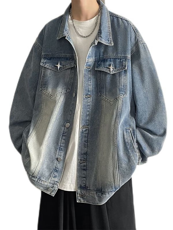Férfi denim dzseki tavasz–ősz 2023, amerikai streetwear, retro munkásdzseki, laza szabás, baseball stílus