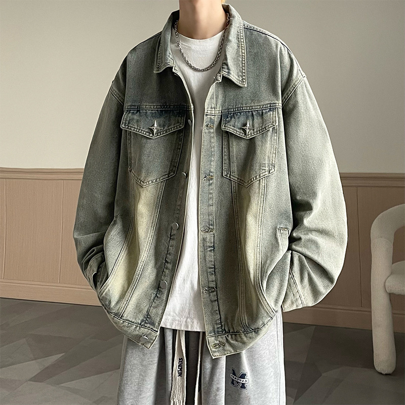 Férfi denim dzseki tavasz–ősz 2023, amerikai streetwear, retro munkásdzseki, laza szabás, baseball stílus