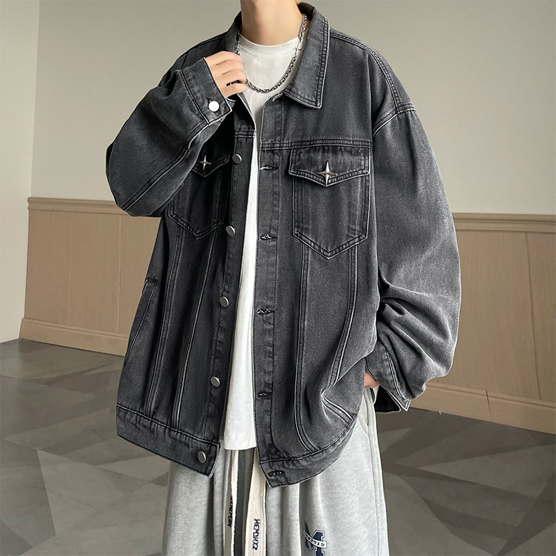 Férfi denim dzseki tavasz–ősz 2023, amerikai streetwear, retro munkásdzseki, laza szabás, baseball stílus