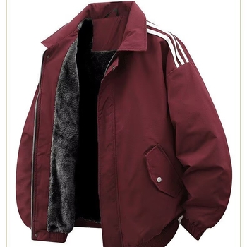 Férfi fleece-béléses street-stílusú dzseki cipzárral, galléros, laza szabású, egyszínű, szélvédett és meleg