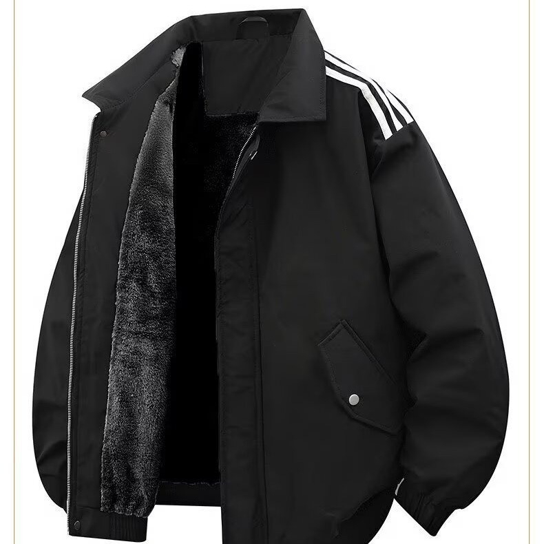 Férfi fleece-béléses street-stílusú dzseki cipzárral, galléros, laza szabású, egyszínű, szélvédett és meleg
