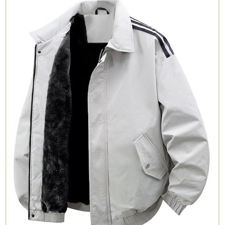 Férfi fleece-béléses street-stílusú dzseki cipzárral, galléros, laza szabású, egyszínű, szélvédett és meleg
