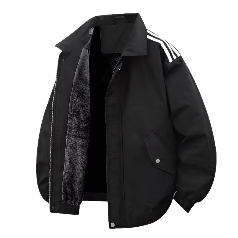 Férfi fleece-béléses street-stílusú dzseki cipzárral, galléros, laza szabású, egyszínű, szélvédett és meleg