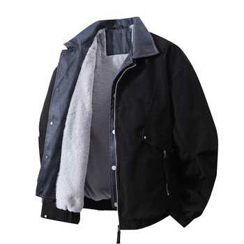 Férfi denim dzseki fleece béléssel, hamis két darabos megjelenés, meleg, laza szabású, hongkongi stílus