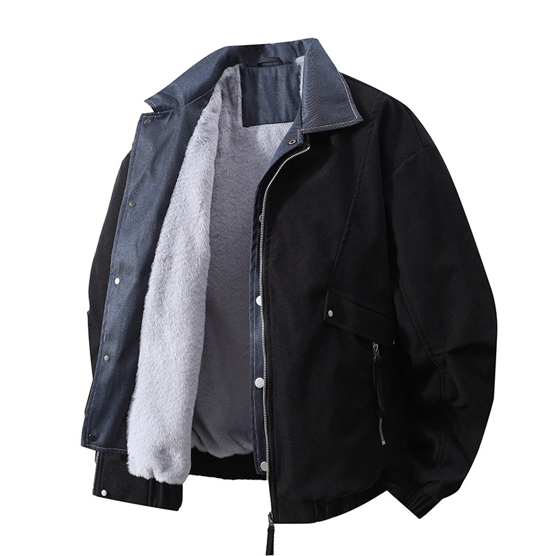 Férfi denim dzseki fleece béléssel, hamis két darabos megjelenés, meleg, laza szabású, hongkongi stílus
