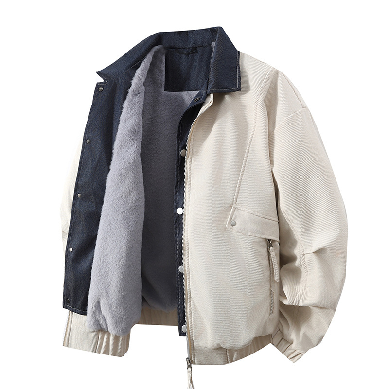 Férfi denim dzseki fleece béléssel, hamis két darabos megjelenés, meleg, laza szabású, hongkongi stílus