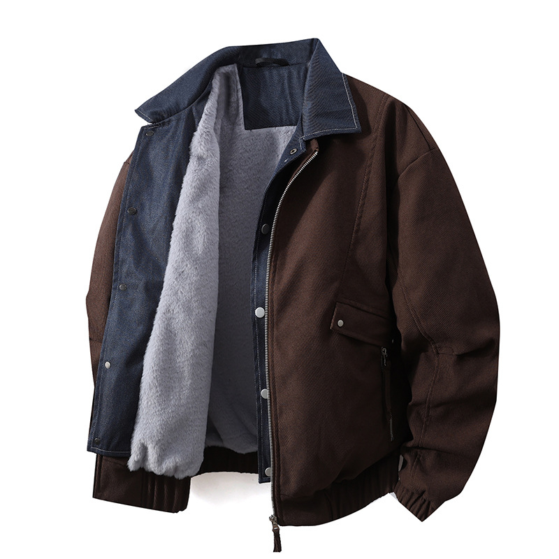 Férfi denim dzseki fleece béléssel, hamis két darabos megjelenés, meleg, laza szabású, hongkongi stílus