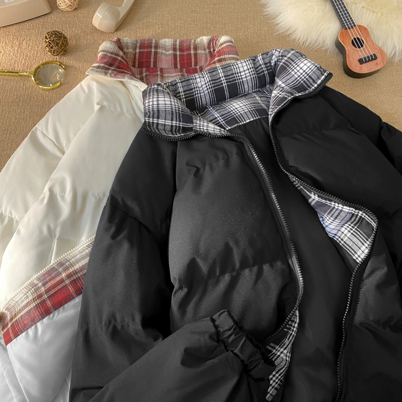 Fekete kockás patchwork-pufi kabát férfiaknak, őszi–téli szezon, amerikai stílusú áll-nyakú, tinédzsereknek